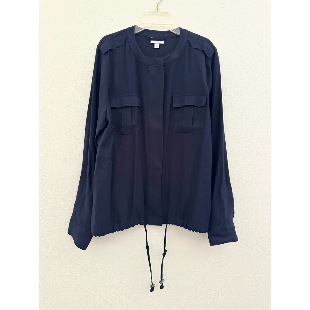 J.Jill Utility Safari Jacket Rayon Blend Full Zip Snap Navy Blue Women's Medium